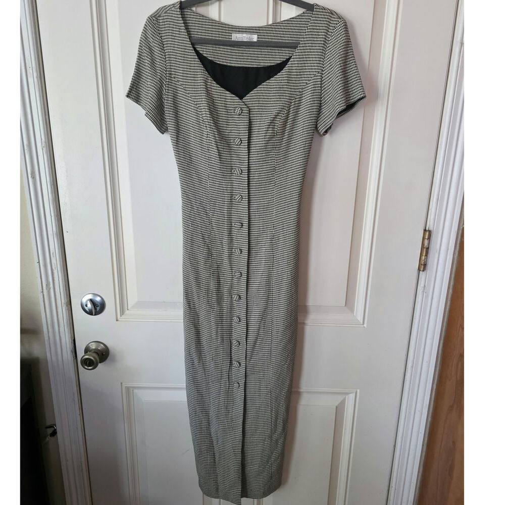 Vintage Ann Taylor Houndstooth Midi Dress Size 6 Black White Button Front 90s - Picture 7 of 7